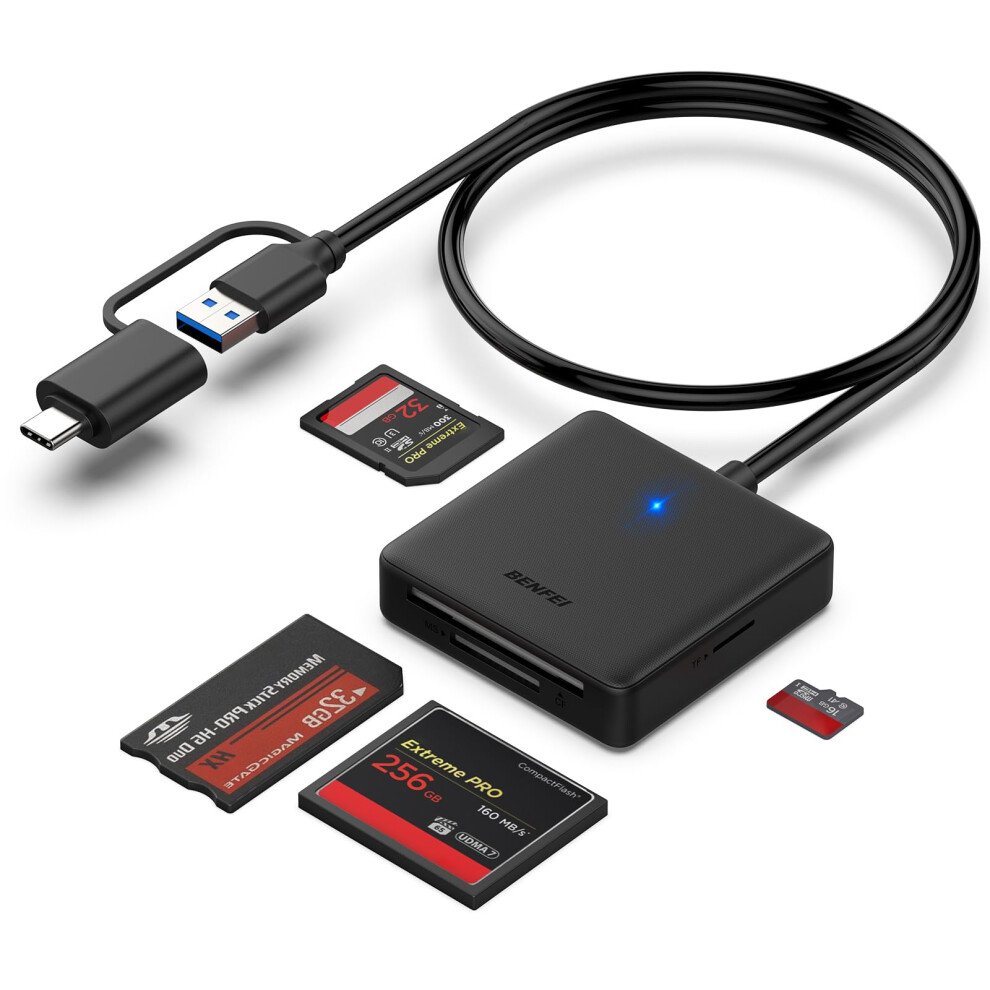 Memory Card Reader, Benfei 4In1 Usb 3.0 And Usb-C To Sd Micro Sd Ms Cf Card Reader Adapter, 4 Cards Simultaneously Read And Write, Compatible With 8000003748871
