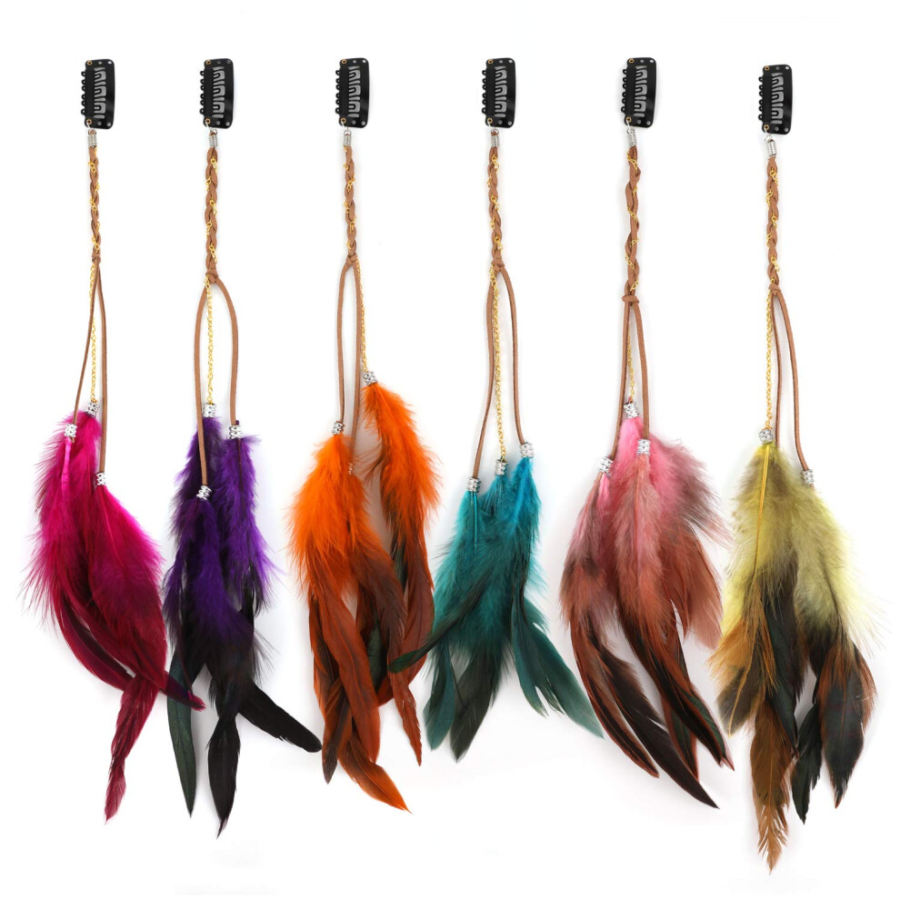 Mwoot 6Pcs Feather Hair Clips, Handmade Boho Hair Extensions With Clip Comb, Bohemian Hippie Hairpin Feather Indian Tassel Hemp Rope Festival Headwear