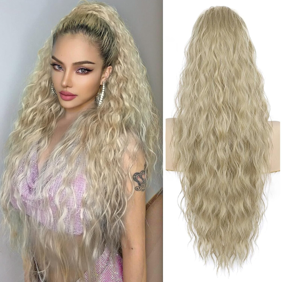 Porsmeer Unisex Ponytail Extension Ash Blonde Long Curly Drawstring Clip In Pony Hair Extension Synthetic Pony Tail Hairpiece For Women