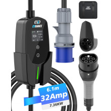 EVDANCE EV Charger Type 2 to CEE Plug [7.36KW, 1 Phase, 6.1M/20ft, 10A-32A] 12 Hours Delay Timer, IP66 Waterproof, Electric Car Charger Cable with