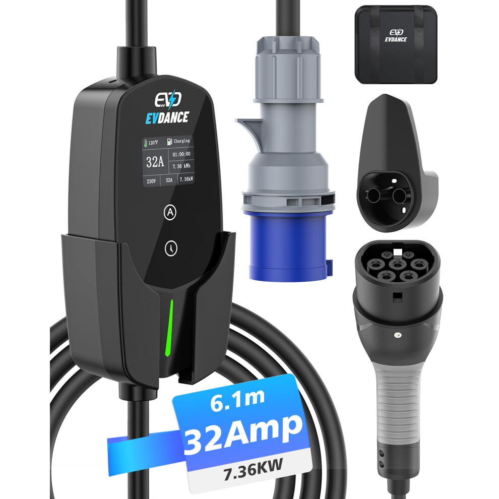 Evdance Ev Charger Type 2 To Cee Plug [7.36Kw, 1 Phase, 6.1M/20Ft, 10A-32A] 12 Hours Delay Timer, Ip66 Waterproof, Electric Car Charger Cable With 8000003761023