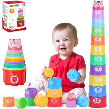 MOONTOY Baby Stacking Cups,11pcs Toddler Stacking Toys for 1 Year Old Boy & Girl, Infant Stackable Bath Toys with Numbers, Letters, Patterns,