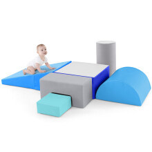 GYMAX Soft Play Equipment, 6-Piece Kids Activity Set, Baby Soft Foam Blocks Interactive Toy for Climbing, Sliding & Crawling (Gray+Blue)