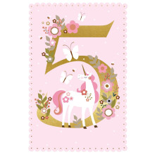 Nigel Quiney Girls 5th Birthday Card - Age 5 - Unicorn & Flowers with Gold Foil - Eco