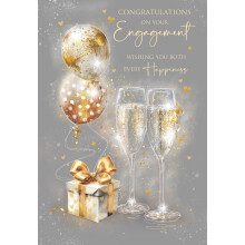 Cherry Orchard | Gorgeous Congratulations on your Engagement Card | Elegant Champagne Glasses & Golden Balloons | Gold Foil Text | 5 X 8 | Complete w