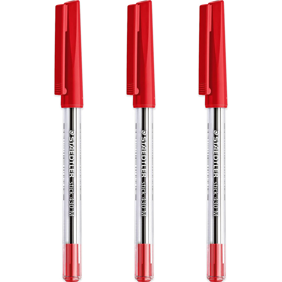 Staedtler Medium 0.5Mm 430 Stick Ballpoint Pens Writing Pen Smooth - Red Ink - Pack Of 3