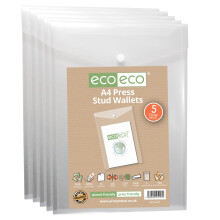eco-eco A4 50% Recycled Clear Transparent Portrait Press Stud Popper Wallet, Plastic Folders 330x235mm (Pack of 5), 200mic, eco157