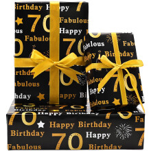 70th Birthday Wrapping Paper 5Pcs,50 * 70cm Black Gold Wrapping Paper for Men Woman Birthday Decorations