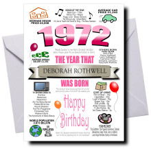 Deluxe PERSONALISED Birthday Card for Women, Born in 1972, ADD ANY NAME, Full of Fact