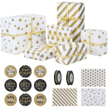 GAOHUI 6 Pack Wrapping Paper, Gold Birthday Wrapping Paper with with Sticker and 2 Ri