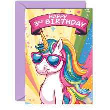 3rd Birthday Card - Cool Unicorn Sunglasses - Unicorn Birthday Card for 3 Year Old Gi