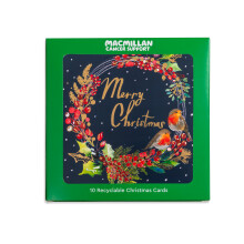 Macmillan Robin Floral Wreath Charity Christmas Cards – Pack of 10 Luxury and Eco-Fri