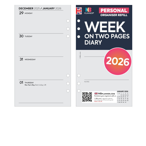 NBplanner 2026 Week on two pages diary refill insert | Grey paper | personal size org