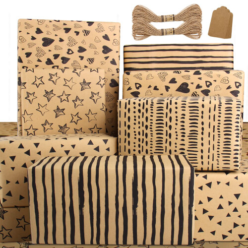 Recycled Kraft Gift Wrap Set - Eco Birthday Wrapping Paper, Tag String, Present Wrap