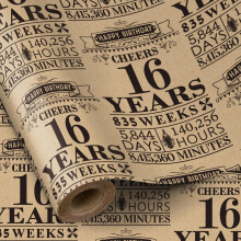 RUSPEPA 16th Birthday Wrapping Paper Roll, Black Design, 43.2cm x 5m, 16 Years, Kraft