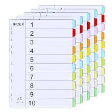 A4 File Dividers, 5 Pack 10 Part Coloured Multi Hole Punched Tabbed Index Dividers fo