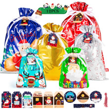 12pcs Christmas Drawstring Gift Bags, Extra Large Medium Small Multipack, Festive Foi
