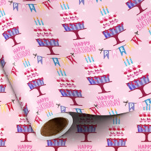 RUSPEPA Birthday Wrapping Paper Roll for Girls, Mini Roll, Pink Cake and Candle Desig
