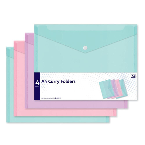 4 Assorted Pastel Colour A4 Document Stud Wallets Plastic Carry Popper Folder Pink Aq