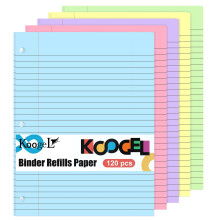 Koogel 120 Sheets Coloured Lined Refill Paper - 5 Vibrant Colours, 20 x 26.5cm 3-Hole Punched Compatible with Most A4/A5 Binders & Planners