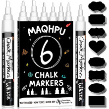 Maqhpu White Chalk Pens for Blackboards, 6 Pack Washable Liquid Chalk Pens and 45 Chalkboard Labels, Wipeable Blackboard Pens