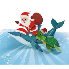CUTPOPUP Santa w Dolphin Merry Christmas Cards, Pop Up Christmas Cards w Envelope, 3D