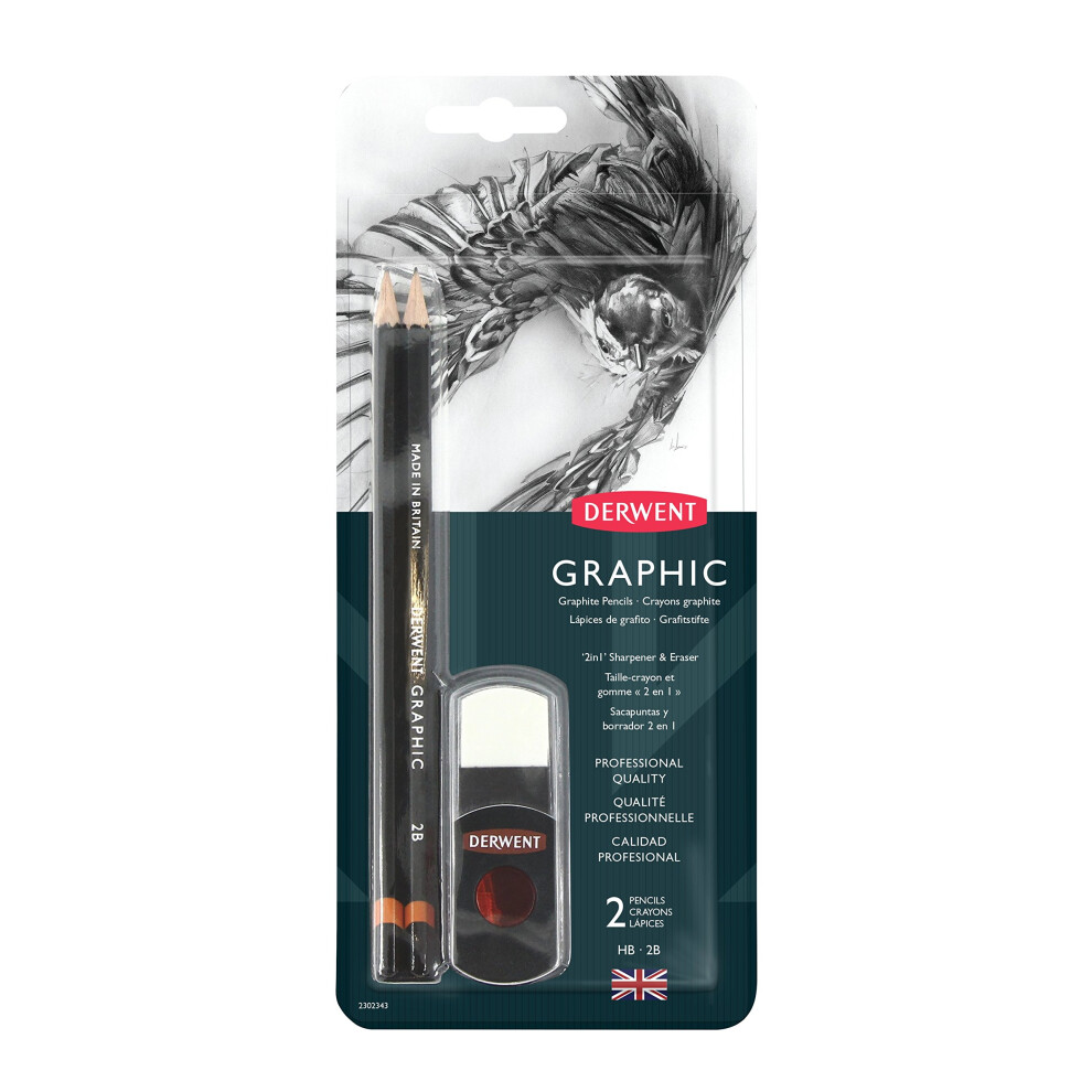 Derwent Graphic Graphite Drawing Pencils, Set Of 2 With 2-In-1 Sharpener And Eraser,