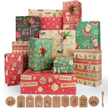 70 * 50cm Christmas Wrapping Paper for Gift, 12 Sheets Xmas Wrapping Paper Recyclable Kraft Wapping Paper with 10pcs Gift Tags and 10m Twine for Gift