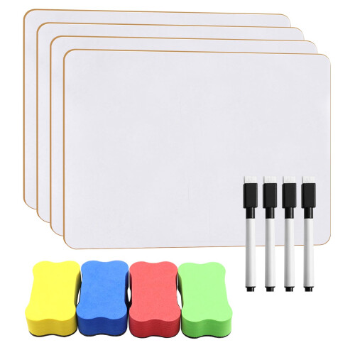 4PCS A4 Whiteboard, Mini Whiteboard Double-Sided White Board with 4 Dry Erasers and 4