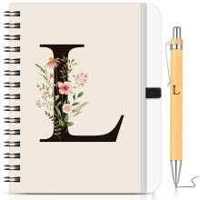 BBTO Personalized Initial L Spiral Notebook and Pen Set, Floral B6 Notebook with Bamb