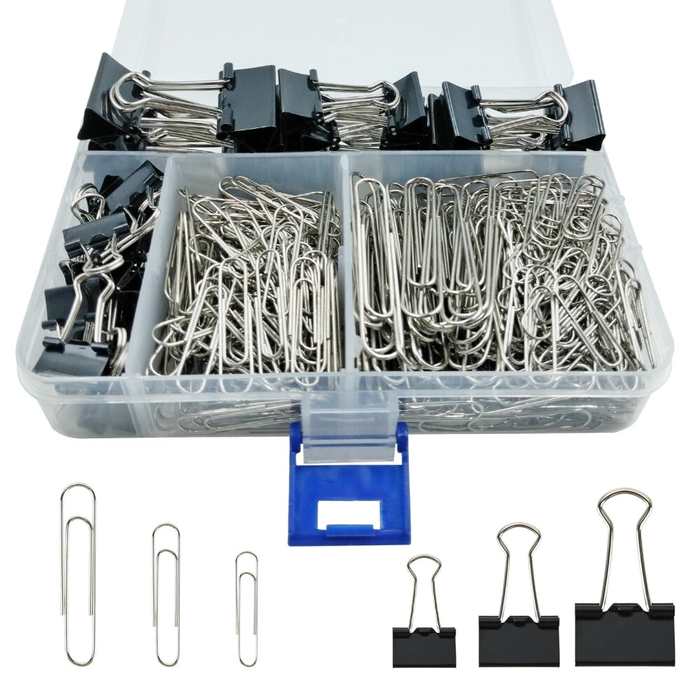 340 Pcs Paper Clips And Binder Clips Assorted Sizes, 28Mm 33Mm 50Mm Silver Paperclips&15Mm 19Mm 25Mm Black Foldback Binder Clip Set For 5051226871795