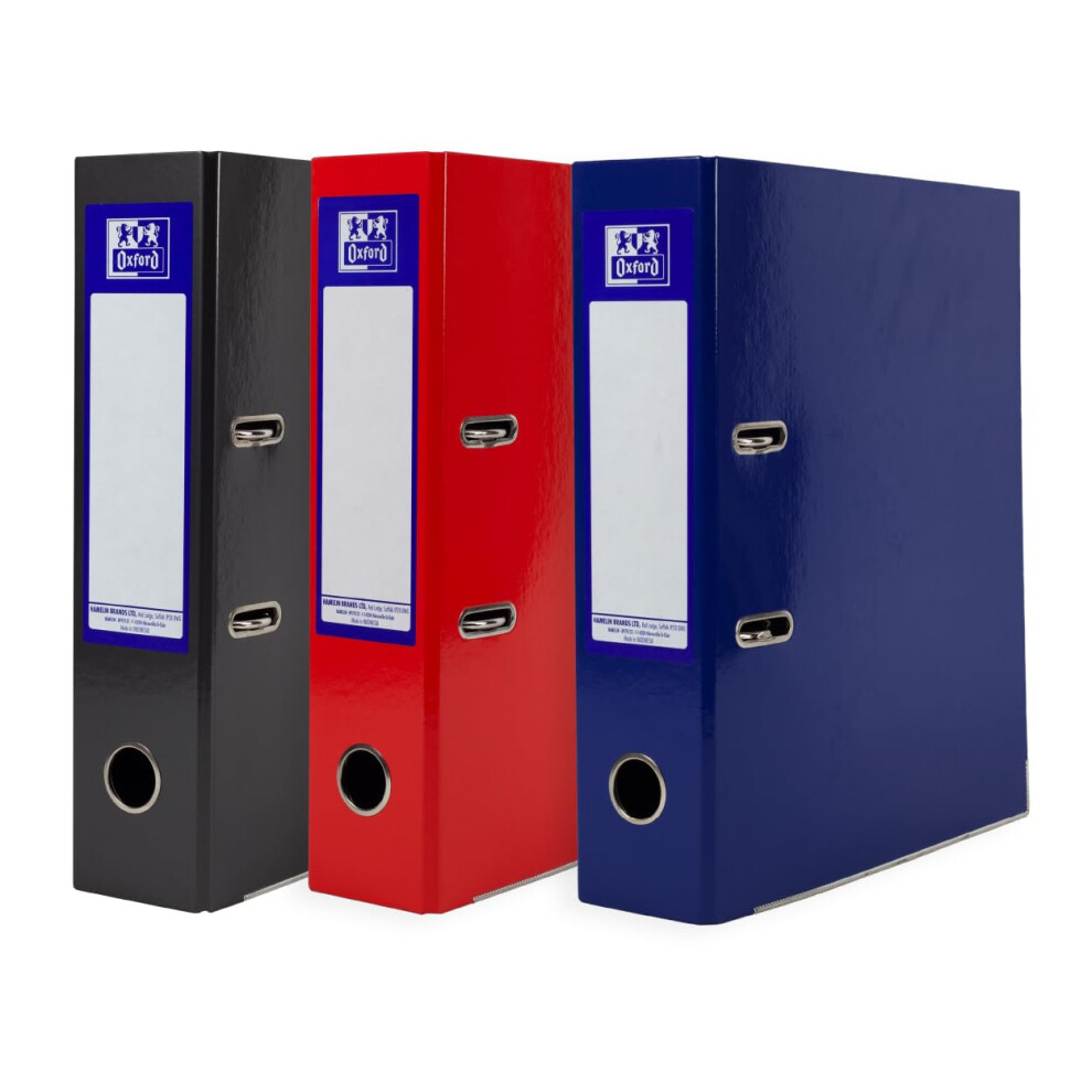 Photos - File Folder / Lever Arch File Oxford A4 Lever Arch Files, 3 Pack of Glossy Filing Folders, Durable Laminated Paper-on-Board, Red, Black & Blue 