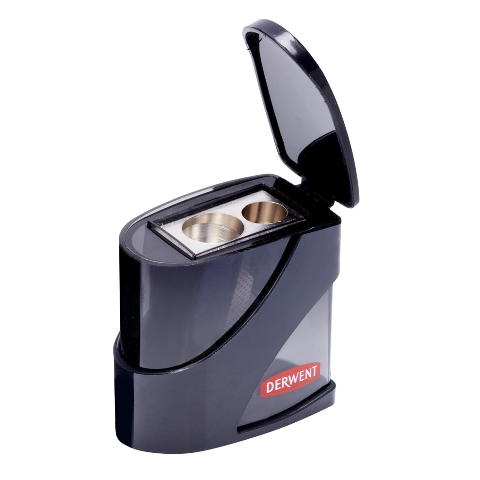 Derwent Twin Hole Pencil Sharpener With Container, Double Hole Sharpener For Artist Sketching Pencils & Colouring Pencils