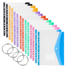 14 Pack Plastic Wallets A4 Punched Pockets, Expandable Folders Document Files with Button,Tab Card, and 4 Binders for School, Office, Home, Travel(7