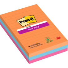 Post-it Super Sticky Large Notes, Lined, 270 Sheets, Pack of 3 Pads, 101 mm x 152 mm - Holds Strong to Many Surfaces - Bright Colours - for Walls, Mo