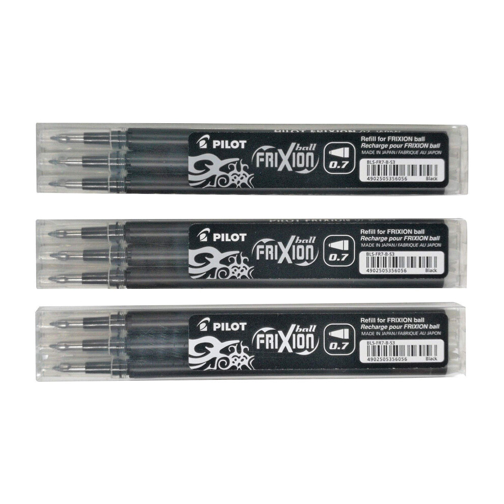 Pilot Frixion Erasable Pens, Bundle Of 9 Refill Black Gel Ink Fine Point 07