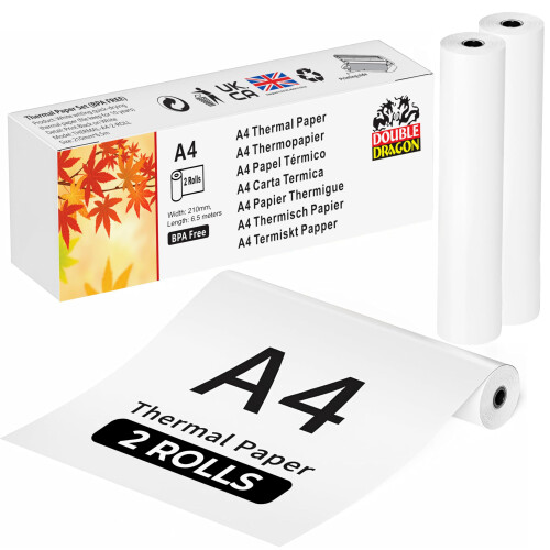 Double Dragon Double Dragon Thermal Printer Paper – 2 Rolls (210mm x 6.5m) | Compatible with Phomem