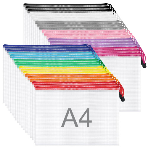 WISYOK 36pcs A4 Plastic Wallets Zip, Zip Lock Bags Mesh, Plastic Folders, Document Wa