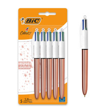 BIC 4 Colours Rose Gold Pen, Multi Coloured Pens All In One, Retractable Ballpoint Pen, Medium 1.0mm, Green, Blue, Red, Black, 5 Pens Per Pack, 1 Pac