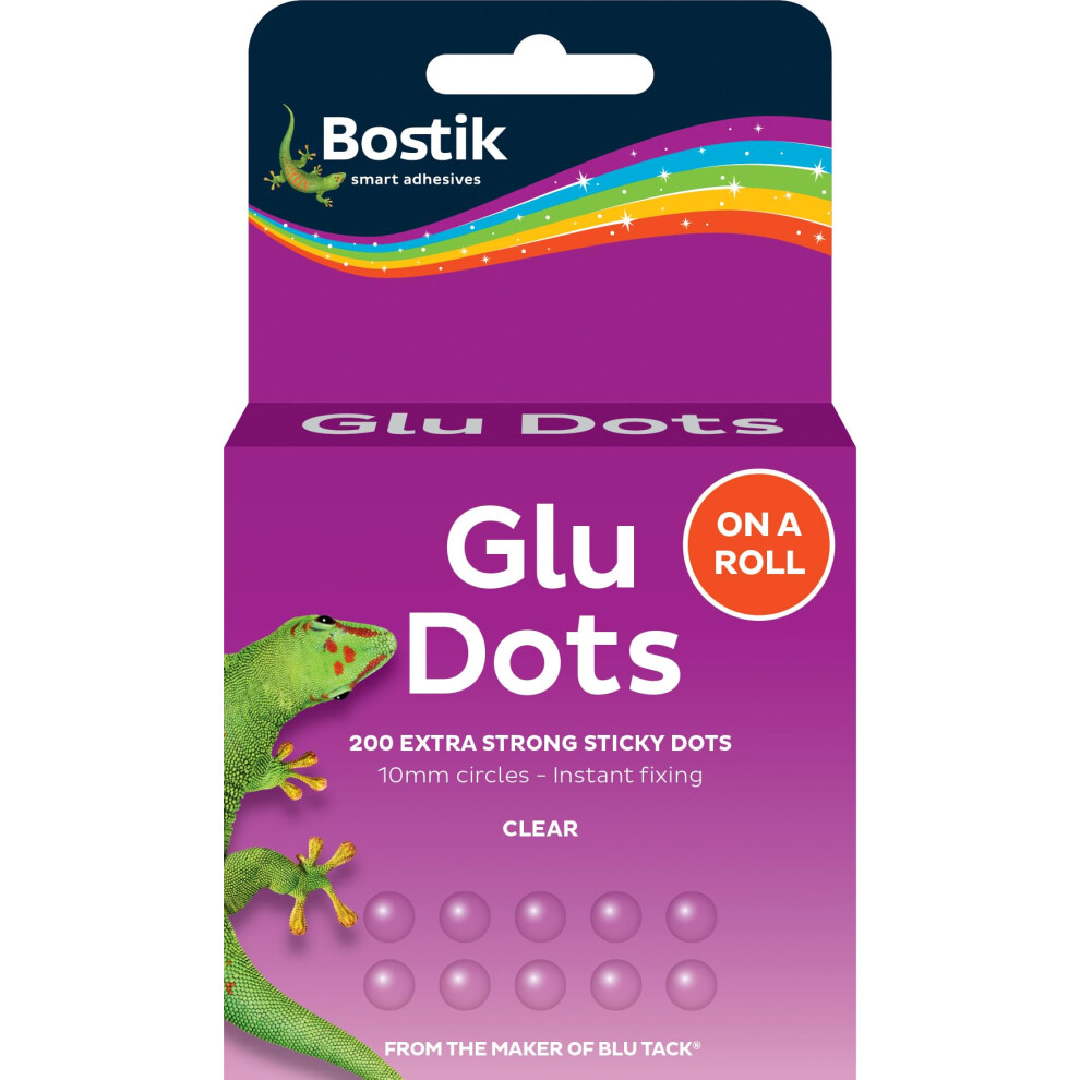 Bostik Glu Dots On A Roll Clear - X 200 Glue Dots - Extra Strong - Double-Sided - For Instant Fixing & Crafts - Easy To Use - No Mess 5051227169112