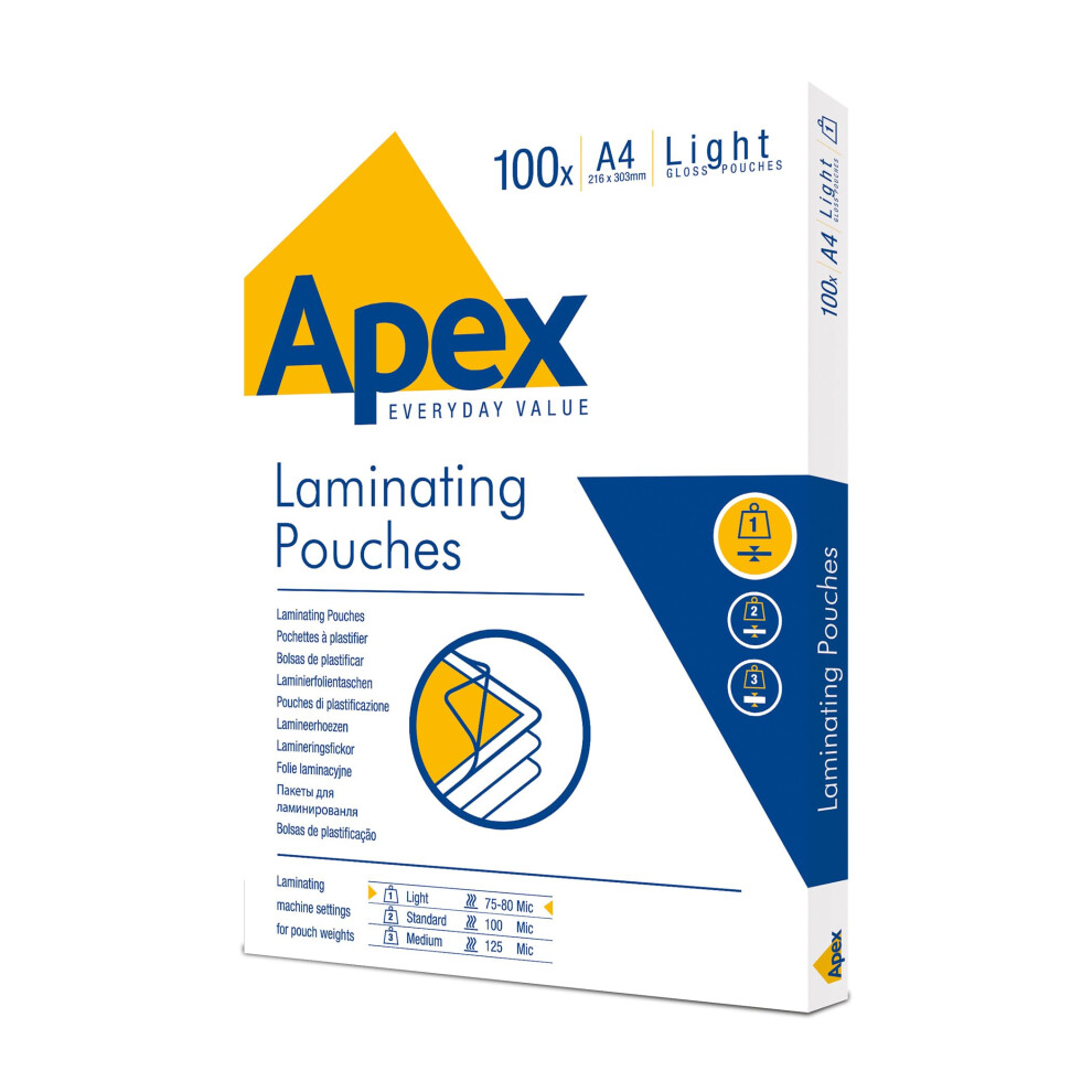Fellowes Apex A4 Laminating Pouches, Glossy Finish, 100 Sheets - Duty - Ideal For Notices And Photos Light