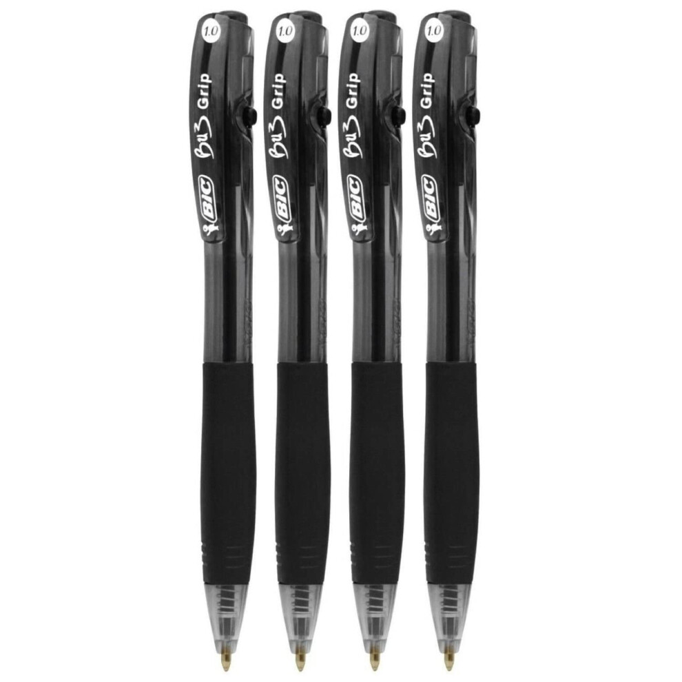 Bic Bu3 Grip 1.0 Retractable Ball Pen 4 Pack Stationery Black