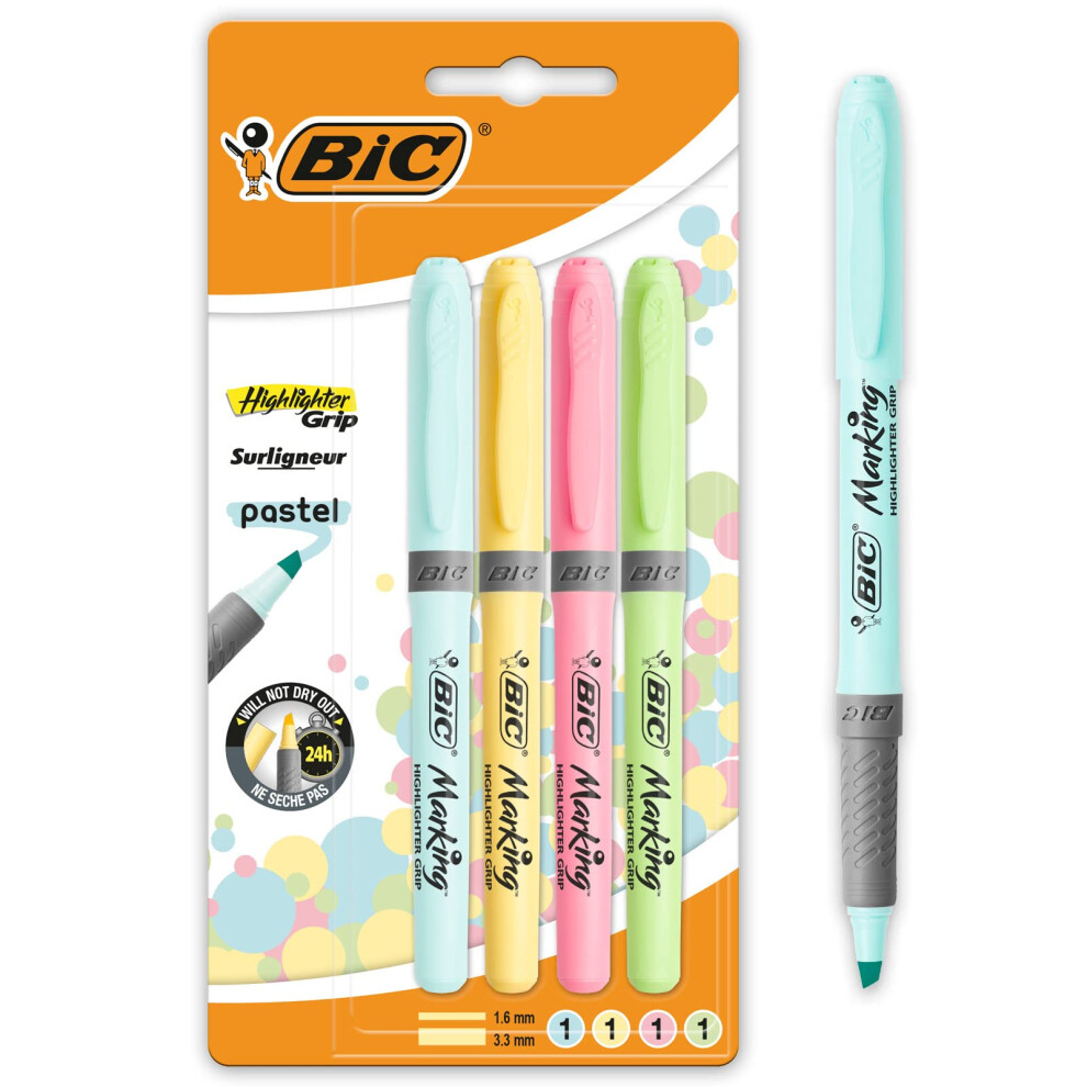 Bic Highlighters Pastel Colours - Grip Highlighter Pens Multipack - Stationery Supplies Pack Of 4