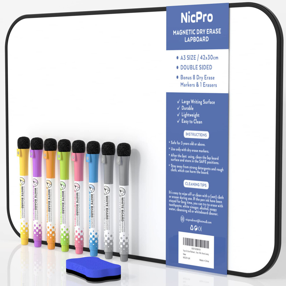 Photos - Dry Erase Board / Flipchart Nicpro Dry Erase Whiteboard A3, Magnetic Double Sided 30 x 42 cm White Board with Black Border, Including 8 Water-Based Pens