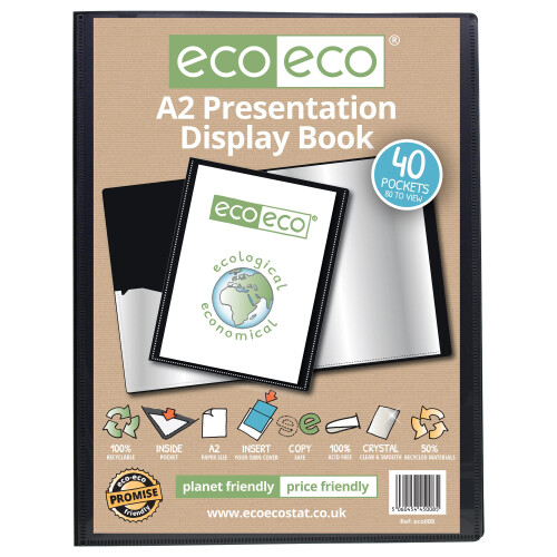 eco-eco A2 Size 50% Recycled 40 Pocket Black Presentation Display Book, Storage Case