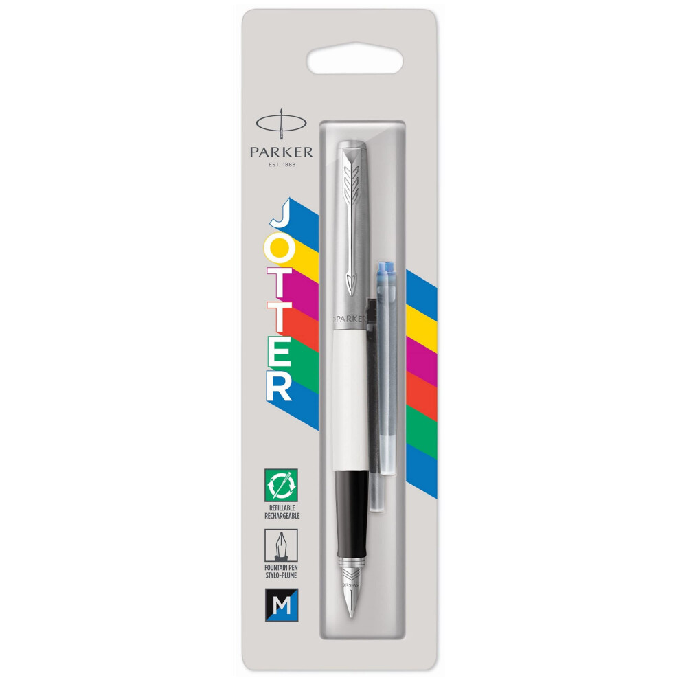 Parker Jotter Originals Fountain Pen | Classic White Finish | Medium Nib | Blue & Bla Blue,White