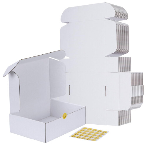 RLAVBL 25 Pack Small Cardboard Boxes 254x178x77 mm, White Packing Boxes with Smiling