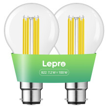 Lepro B22 Bayonet Light Bulb, A-Rated Ultra-efficient LED Bulb, 7.2W = 100W, 1521lm, 2700K Warm White, 50000H Lifespan, Clear Filament, Vintage Glass