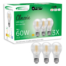 BELL Lighting E27 Edison Screw Cap Filament Light Bulb LED GLS 3 Pack | Warm White 2700K | 806 Lumen 7 Watts | Energy Saving GLS LED Light Bulb | 60W