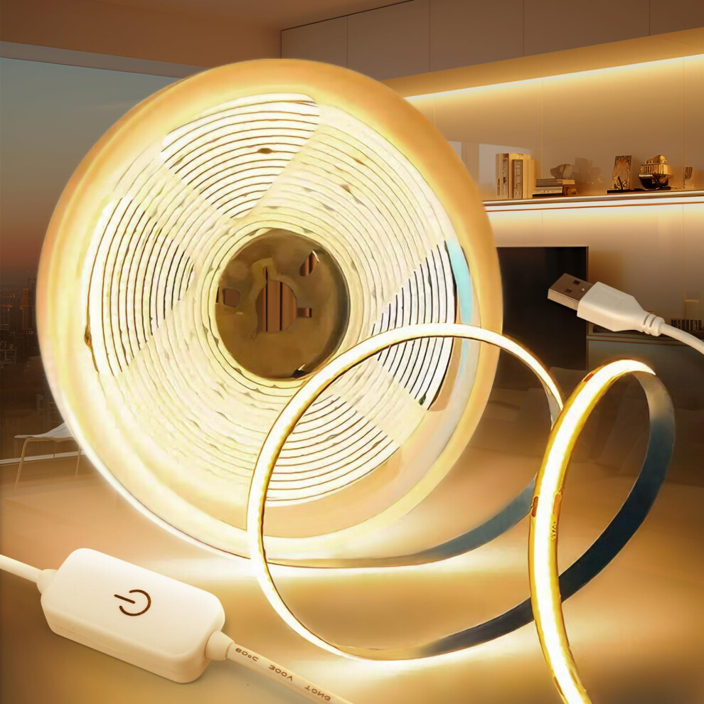 Ksibnw 5V Usb Cob Led Strip S 5M, Dimmable Led Strip Warm 3000K Tape S Cri90+ Flexible 5M/16.4Ft Tv Back With 1M Usb Power Light/White 34037744